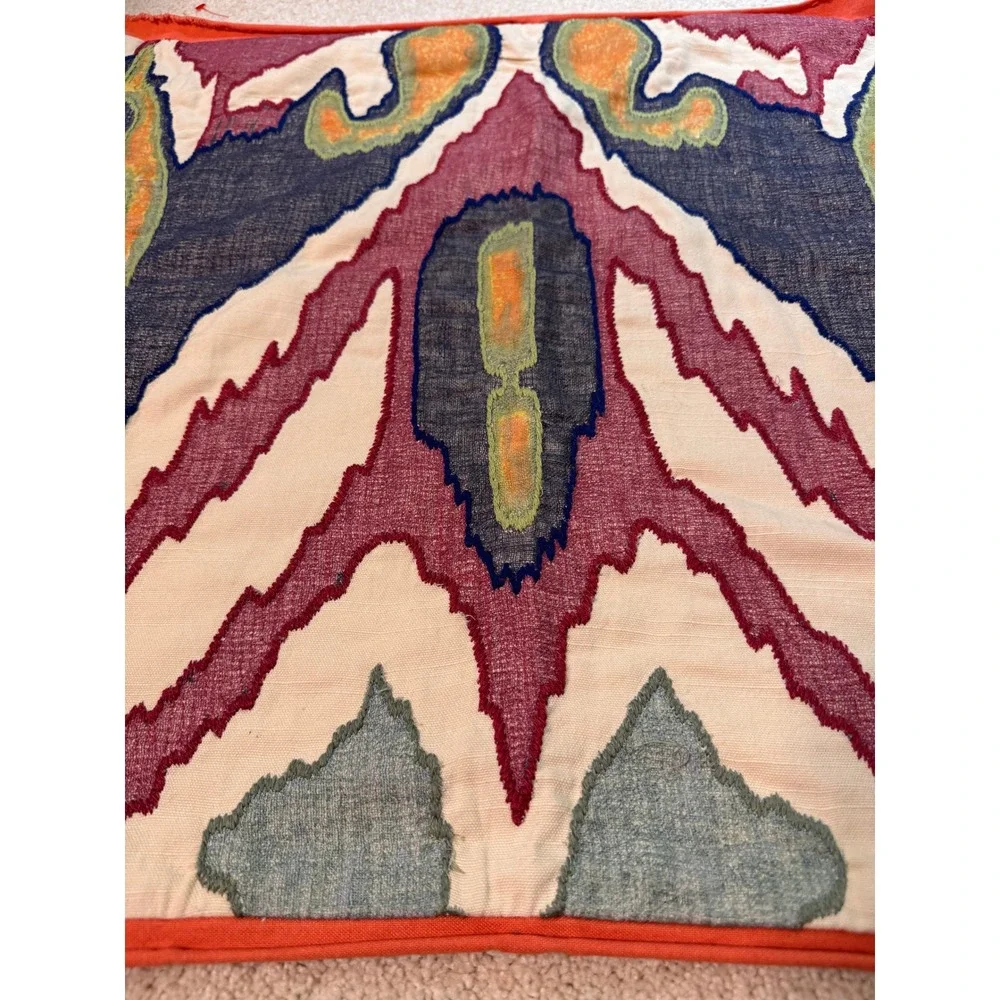 Pottery Barn Ikat Embroidered Pillow Cover 24x24 Orange Purple‎ Linen Cotton